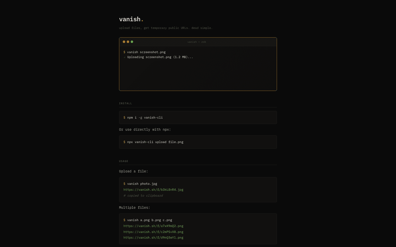 vanish.sh homepage