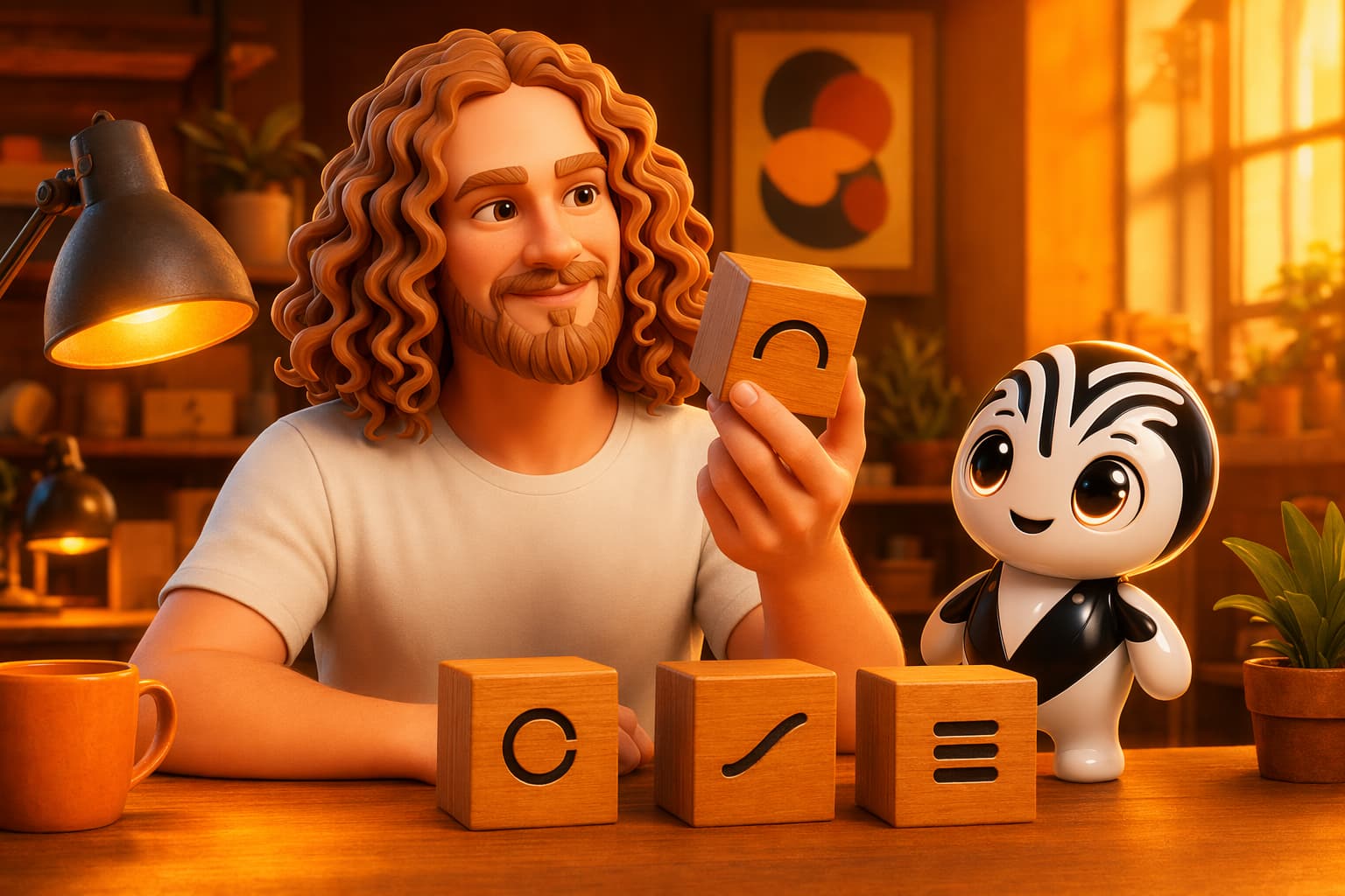 Mon avatar et la mascotte VB devant un logo épuré en noir et blanc, dans la direction artistique maison