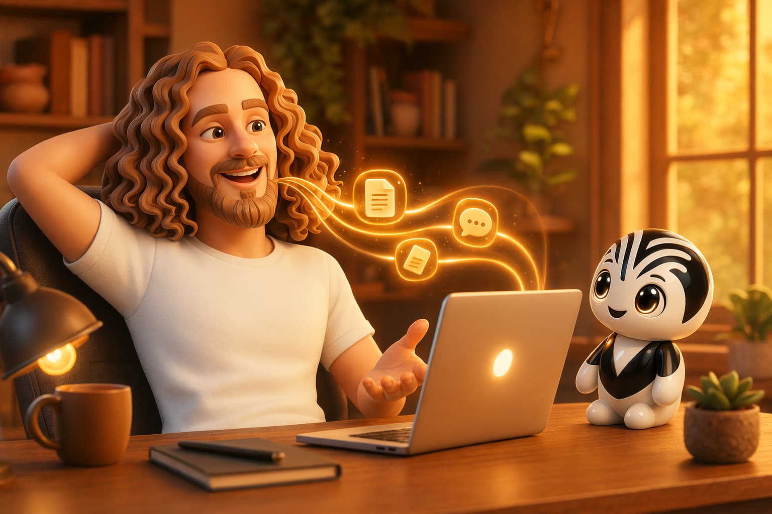 Mon avatar en train de parler à son ordinateur, la mascotte VB à côté, dans la direction artistique maison