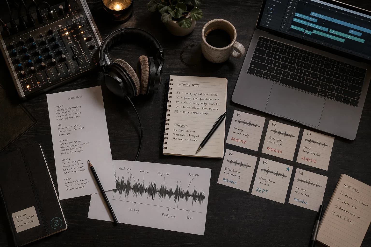 A studio table shows headphones, a waveform printout, version cards, lyrics, and listening notes from an AI music session