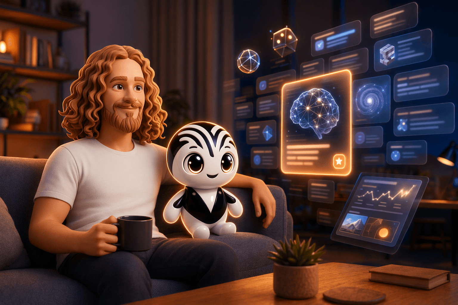 Mon avatar et la mascotte VB devant un flux d'actus IA qui se trie tout seul, dans la direction artistique maison