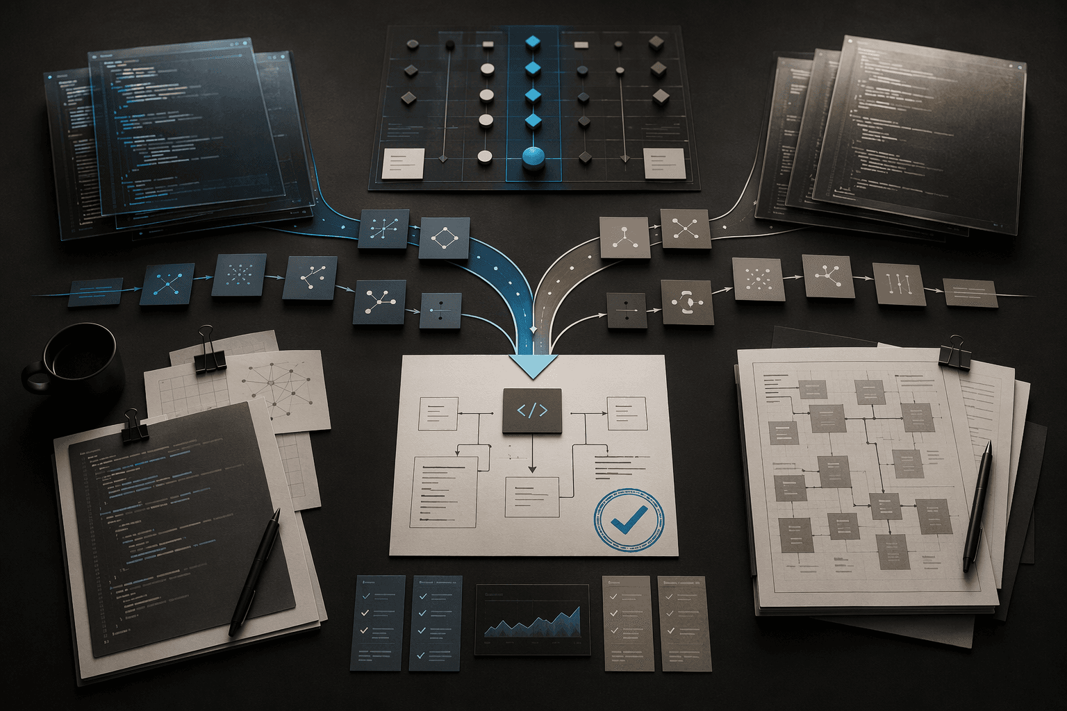 A premium operating table showing coding-agent workstreams, benchmark signals, code review cards, and a verified software task