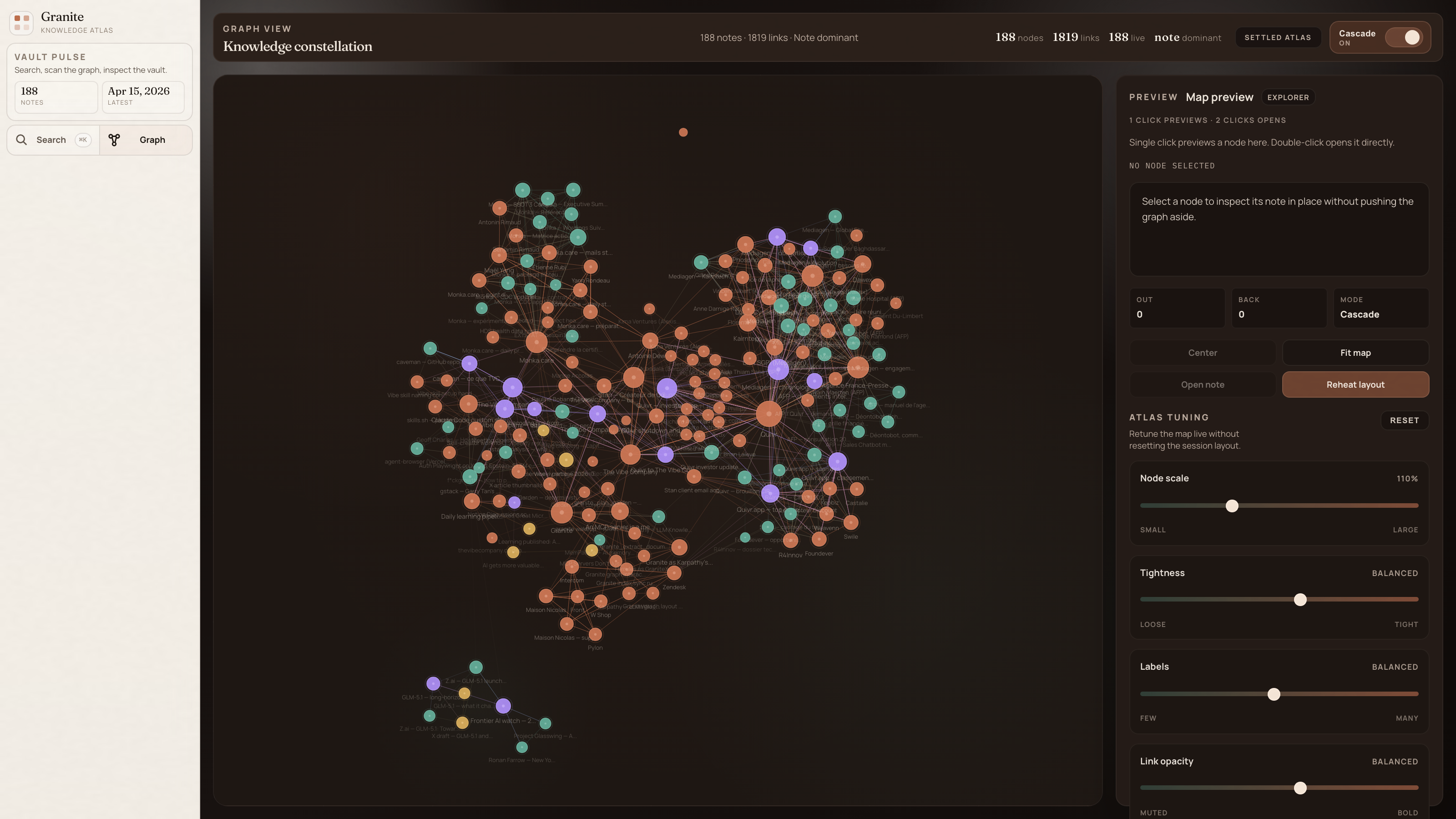 Granite knowledge constellation — 188 interlinked markdown notes forming a settled graph