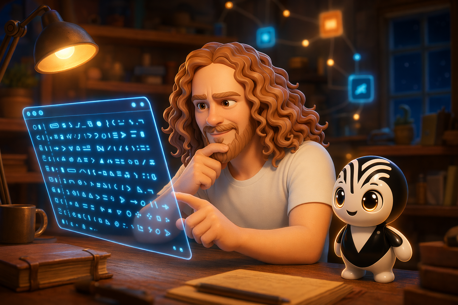 Mon avatar pensif devant un terminal plein de commandes, avec la mascotte The Vibe Company, dans un atelier
