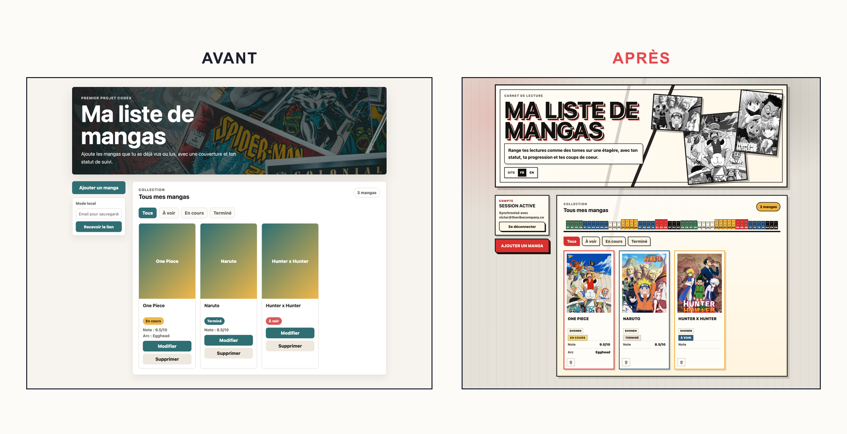 Avant après de mon premier site : la première version à gauche, la version actuelle à droite