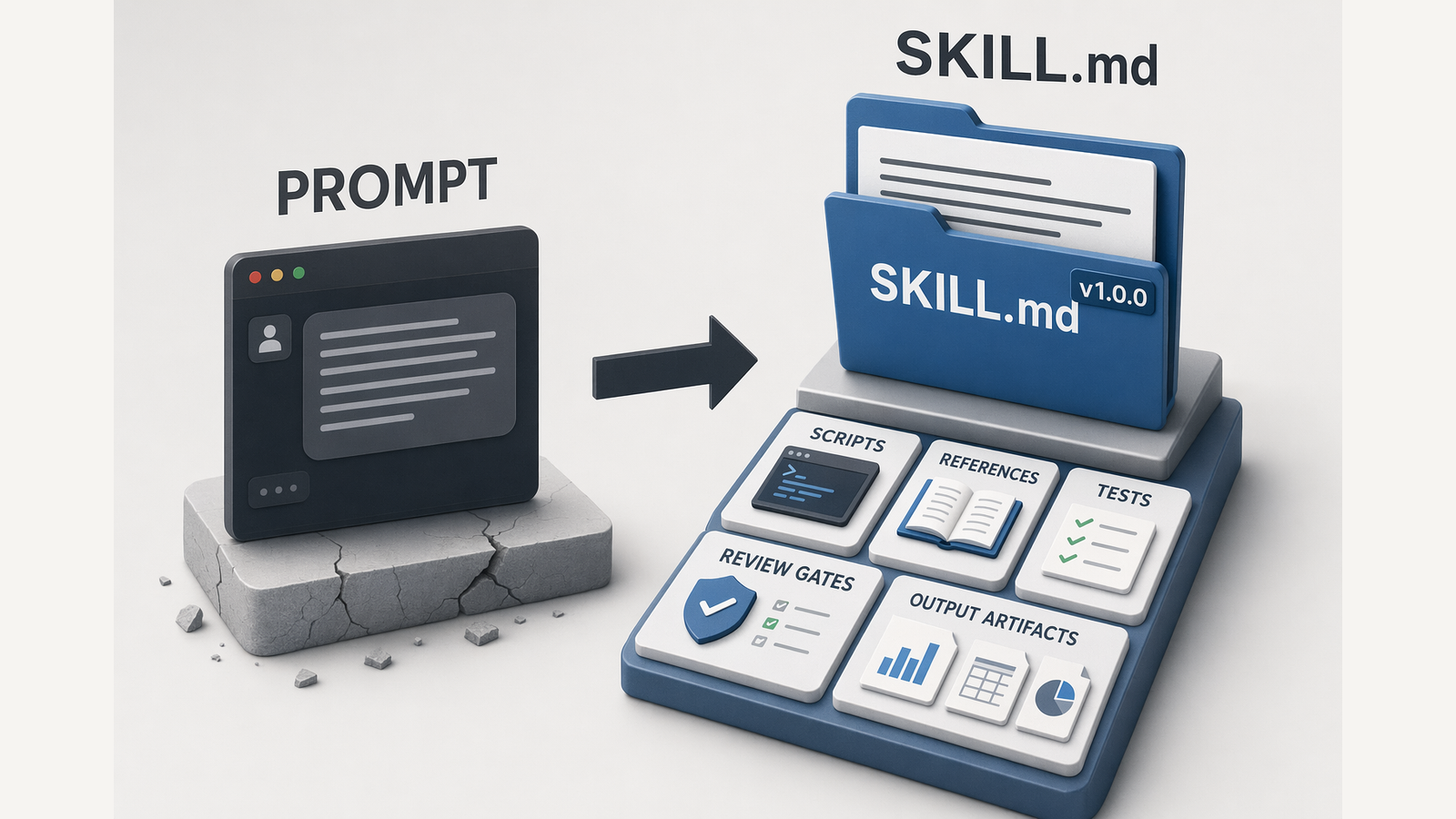A fragile prompt becomes a versioned agent skill with workflow files, scripts, review gates, and output artifacts