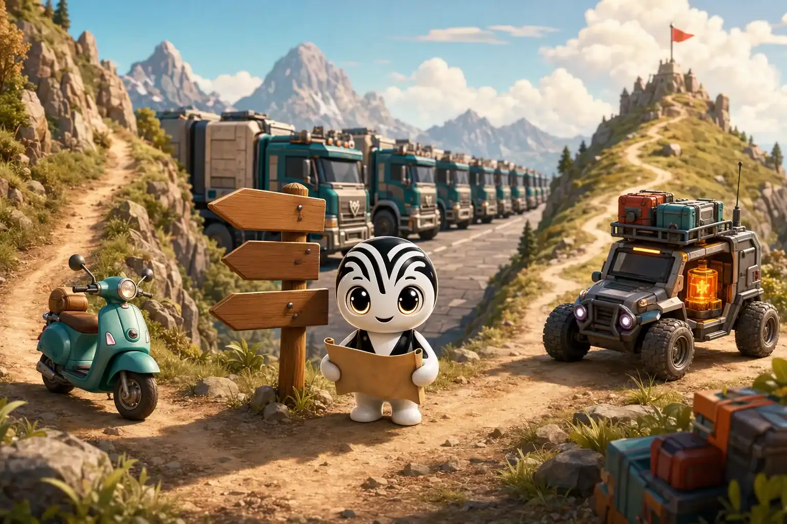 The mascot holds a map at a three-way signpost: a light scooter, a convoy of identical trucks and a compact rover loaded with tools