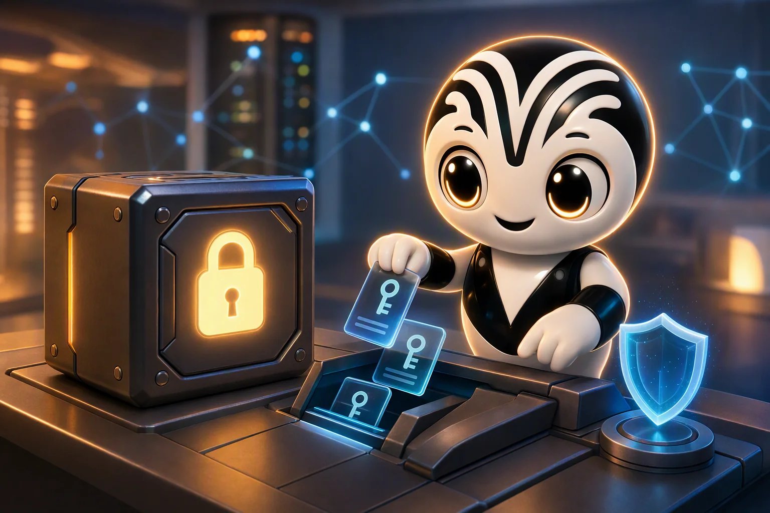The Vibe Company mascot places glowing digital API keys into a locked vault in a secure server room