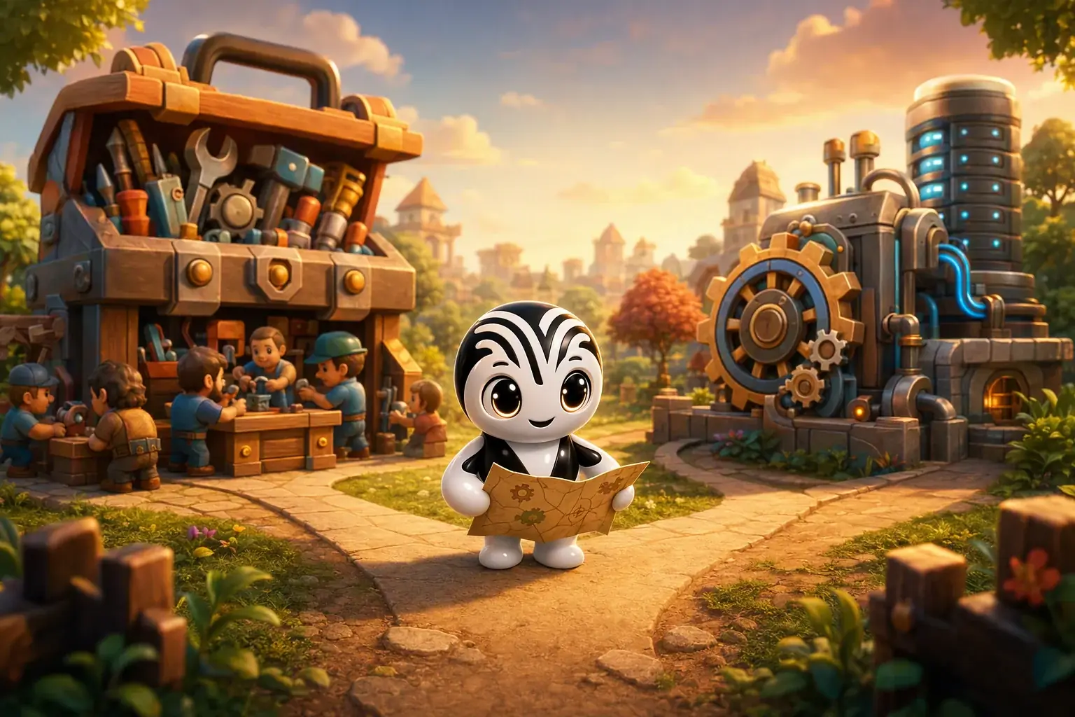 The mascot reads a map at a crossroads, with a general-purpose toolbox on one side and a custom-built machine connected to a database on the other