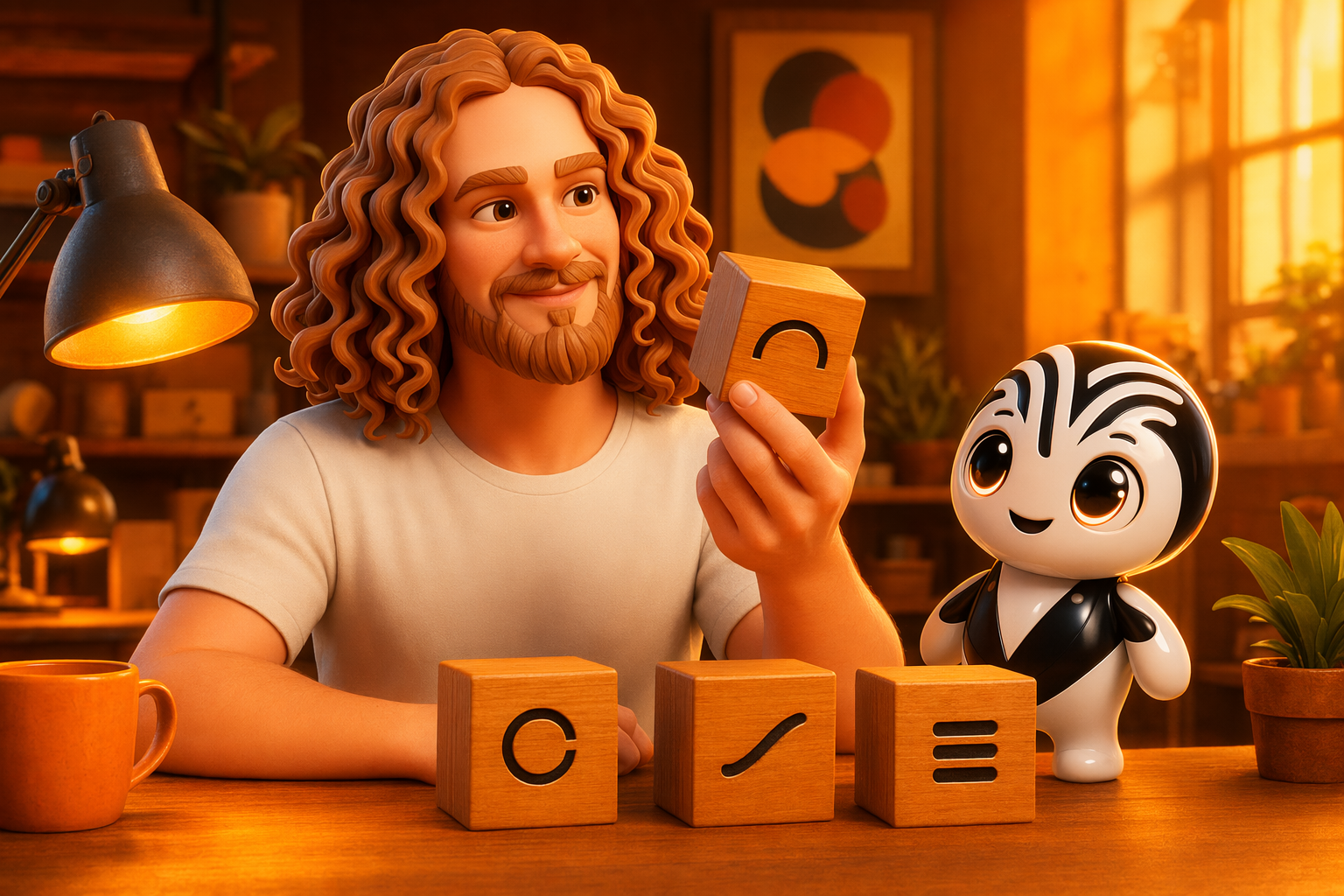 Mon avatar et la mascotte VB devant un logo épuré en noir et blanc, dans la direction artistique maison