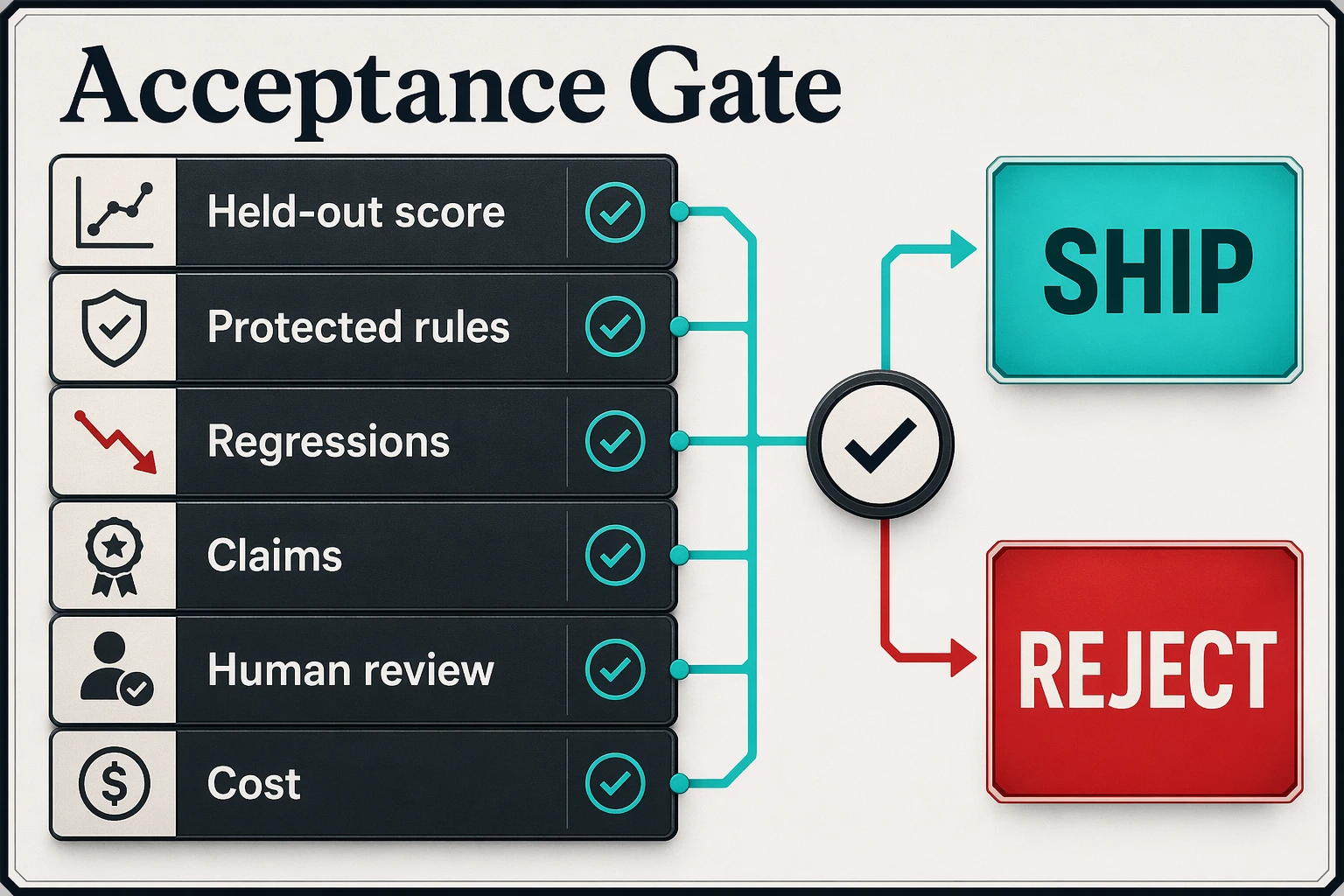 A GPT-Image 2 validation scorecard infographic showing held-out score, protected rules, regressions, claims, human review, cost, and the ship or reject decision