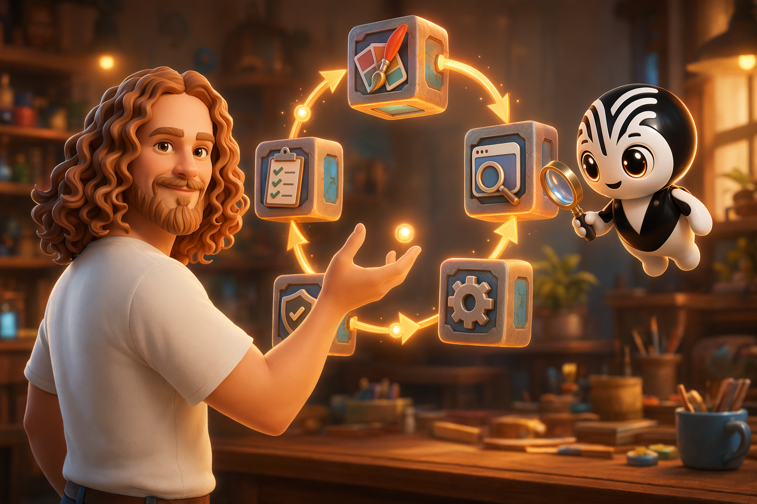 Mon avatar et la mascotte The Vibe Company autour d'une boucle de skills connectés, dans un atelier