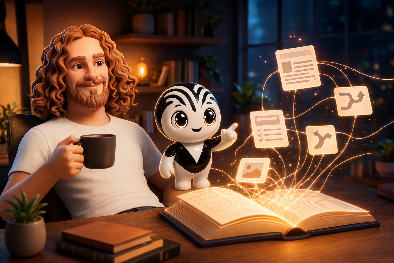 Mon avatar, café en main, et la mascotte VB devant un carnet qui se remplit tout seul de traces de travail, dans la direction artistique maison