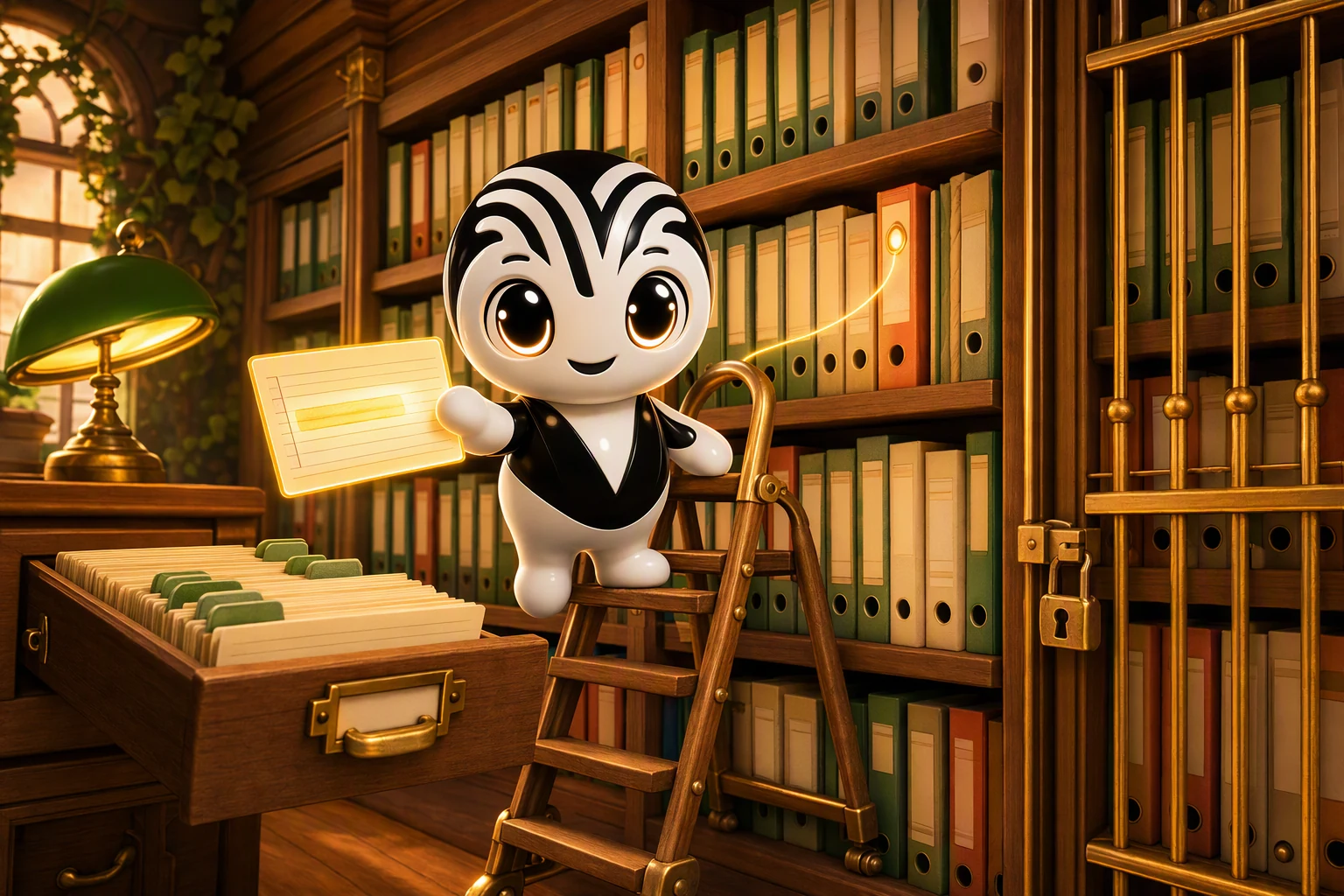 La mascotte, sur une échelle de bibliothèque, tend une fiche surlignée reliée à son dossier d'origine, à côté d'étagères fermées par une grille cadenassée