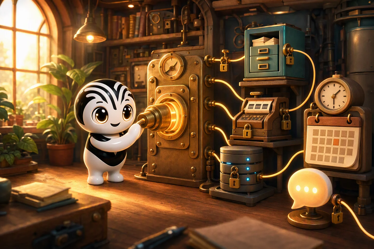The mascot plugs a universal connector into a switchboard that links an AI agent to the company's tools, each cable fitted with a padlock