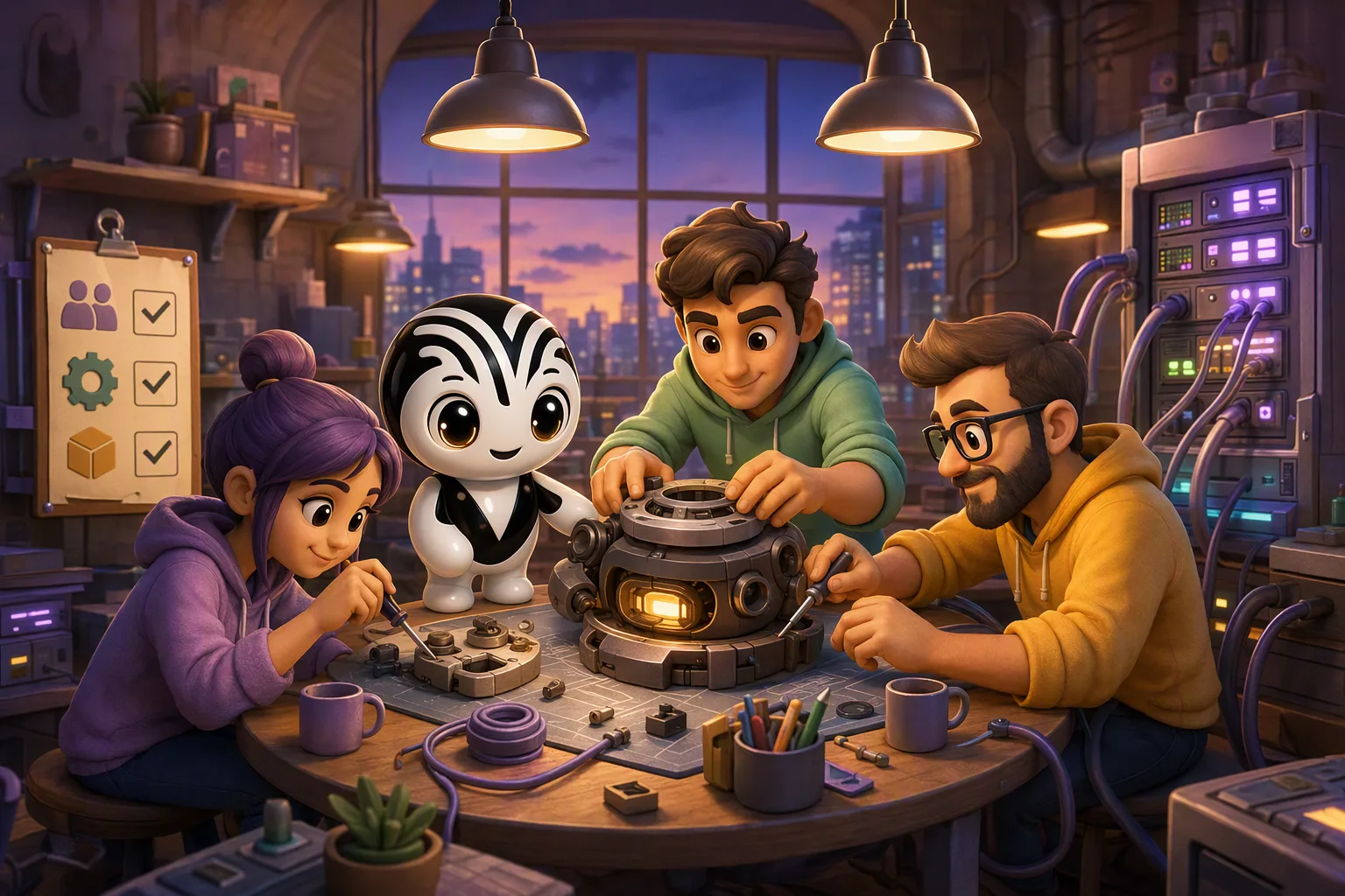 La mascotte de The Vibe Company et trois membres d'une équipe cliente assemblent ensemble un assistant mécanique sur un établi, devant une ville au crépuscule