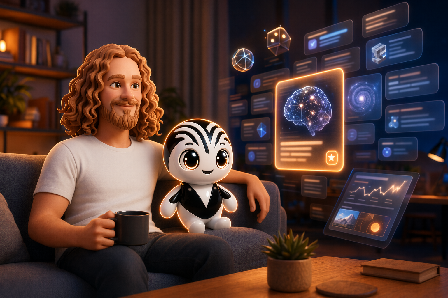 Mon avatar et la mascotte VB devant un flux d'actus IA qui se trie tout seul, dans la direction artistique maison