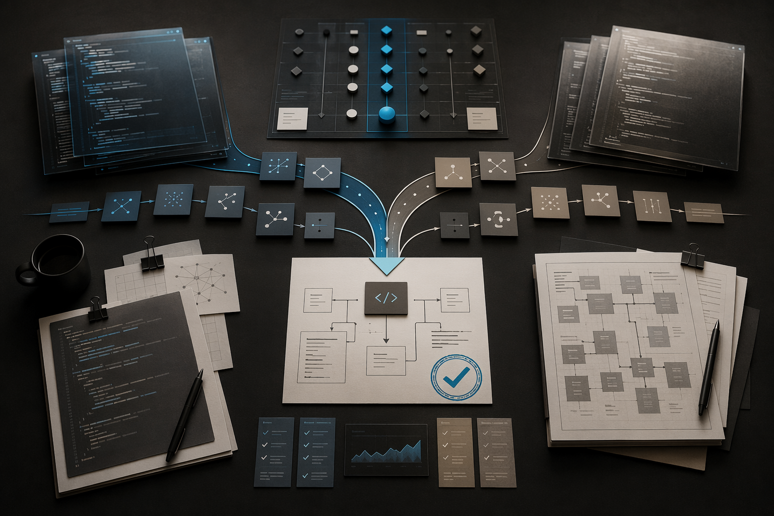 A premium operating table showing coding-agent workstreams, benchmark signals, code review cards, and a verified software task