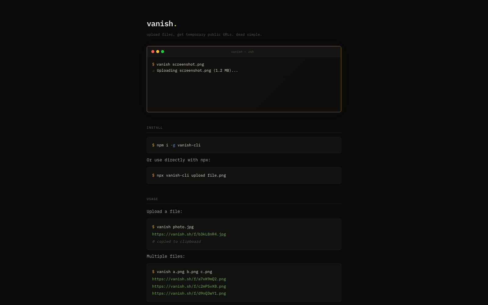 Vanish homepage